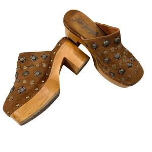 Free People Claudia Clogs Studded Wood Platform Mules – Brown Suede | EU 40